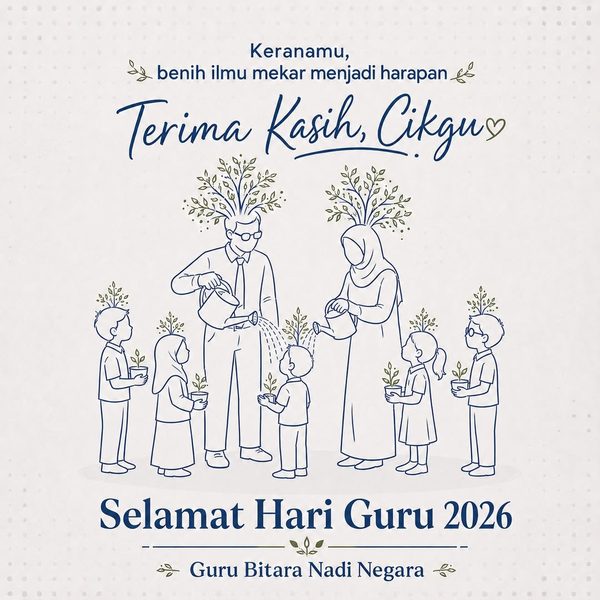 Poster lukisan garis biru: dua guru menyiram anak benih yang dipegang lima murid. Teks: Keranamu, benih ilmu mekar menjadi harapan. Terima kasih, Cikgu. Selamat Hari Guru 2026.